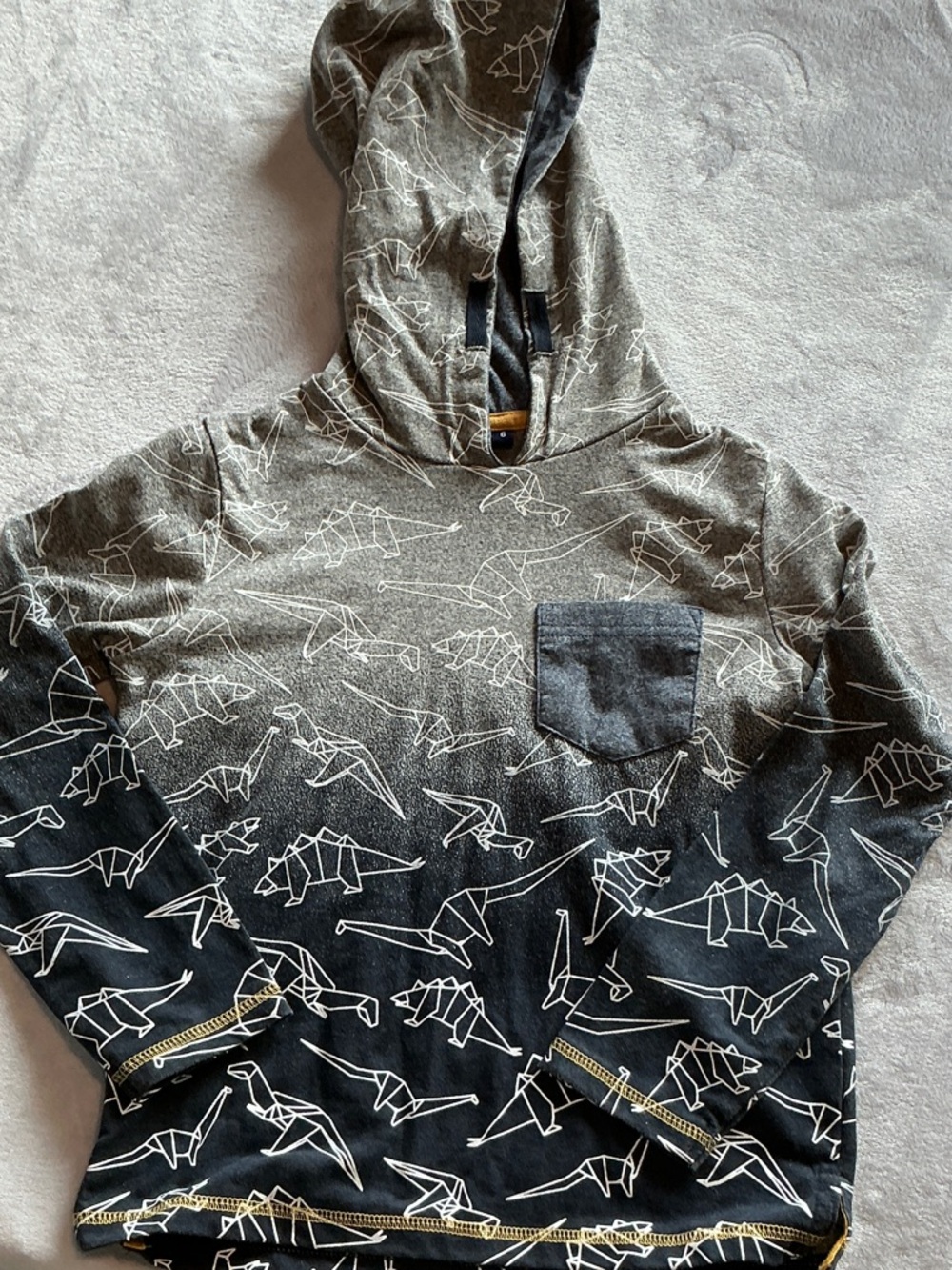 Long Sleeve Kids Hoodie with Origami Dino Print - Gray/Black